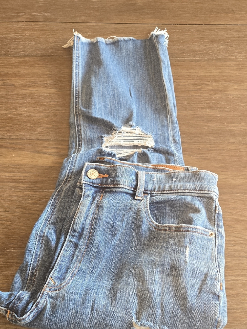 Express Medium Blue Distressed Ankle Jeans